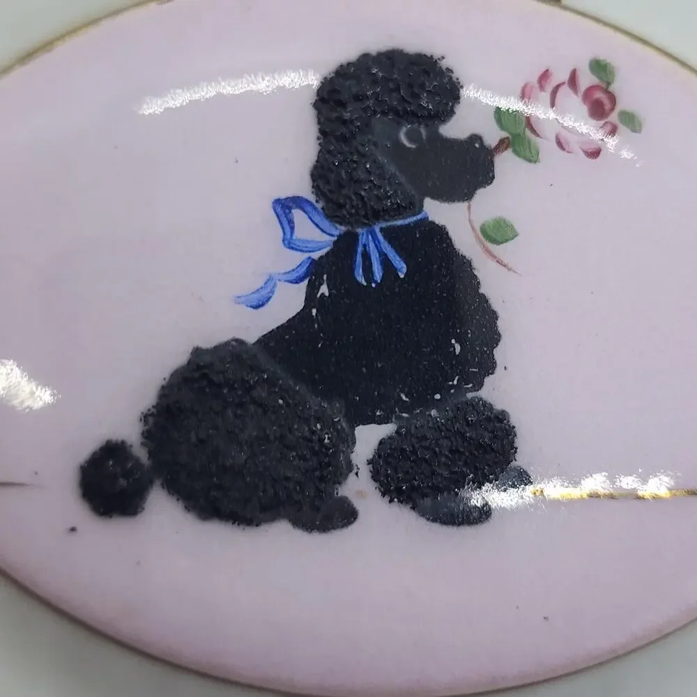Vintage Flair Fifth Avenue Pink Poodle Powder Compact Flocked Vanity Mirror RARE